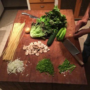 Mise en place - Onion, Celery tops, Green Bell Pepper, and Mushrooms